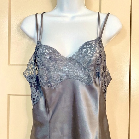 Victoria’s Secret Gray Sleepwear Nightie Slip Dress Large Spaghetti Straps Lace - Picture 2 of 11